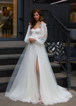 Strapless Beaded Ivory Tulle Wedding Dress With Detachable Sleeves